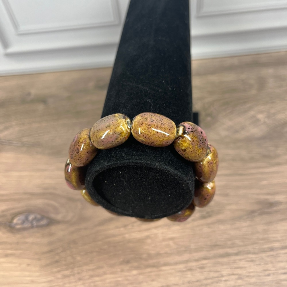 Artisan Ceramic Bead Stretch Bracelet 7 in Pink Mustard Speckled‎ Boho - Picture 4 of 7